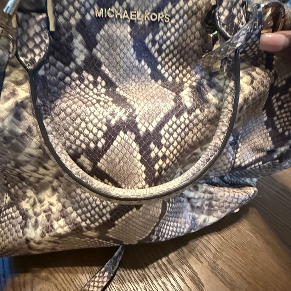 Michael Kors Python-Print Dome Satchel in Brown and Gray - Picture 8 of 8